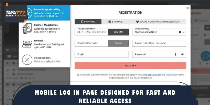 Mobile log in page designed for fast and reliable access